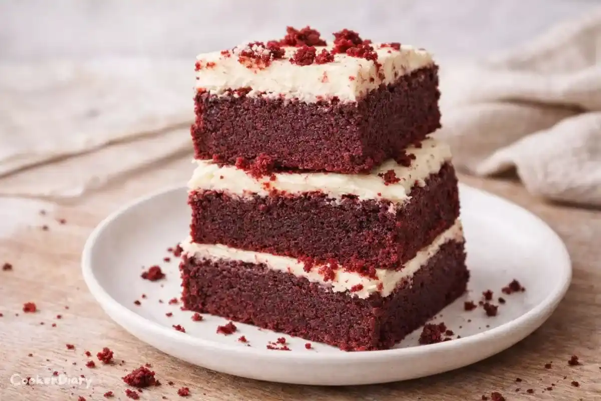 Side-angle close-up of stacked red velvet brownies showing fudgy texture.