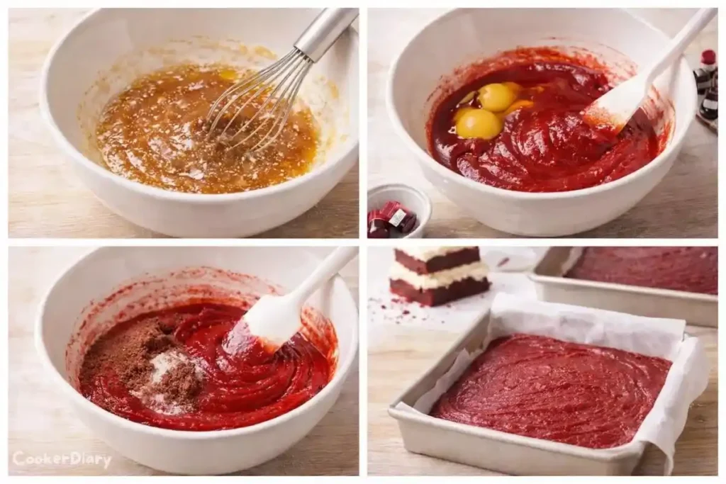 Four-step composite showing how to make the brownies from mixing to baking.