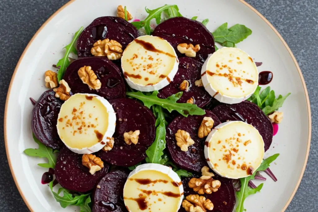A top-down view of a roasted beet salad with goat cheese, walnuts, and arugula on a white plate.