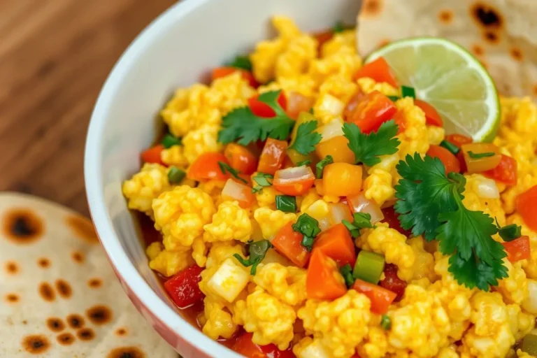 A close-up of egg bhurji served in a bowl with naan, garnished with cilantro and lime.