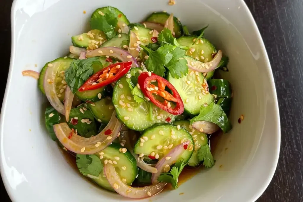 A top-down view of spicy cucumber salad with chili peppers, cilantro, red onion, and sesame seeds in a white bowl.
