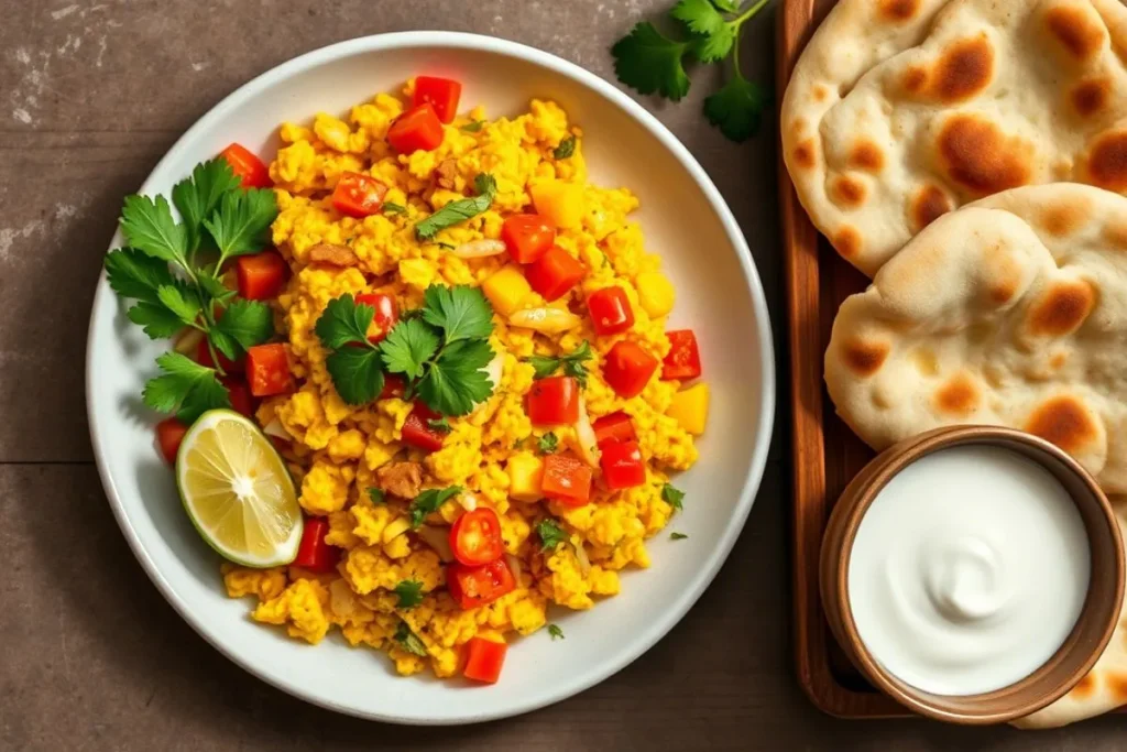 A plate of egg bhurji with naan, garnished with coriander and lime.