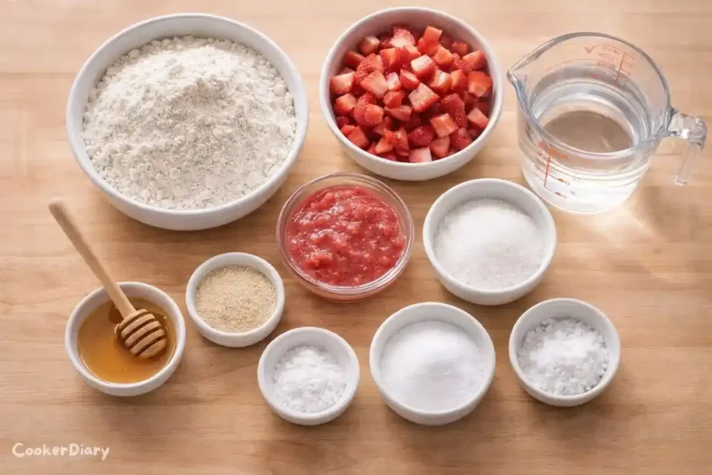 Flat-lay of strawberry bagel ingredients on wooden counter.