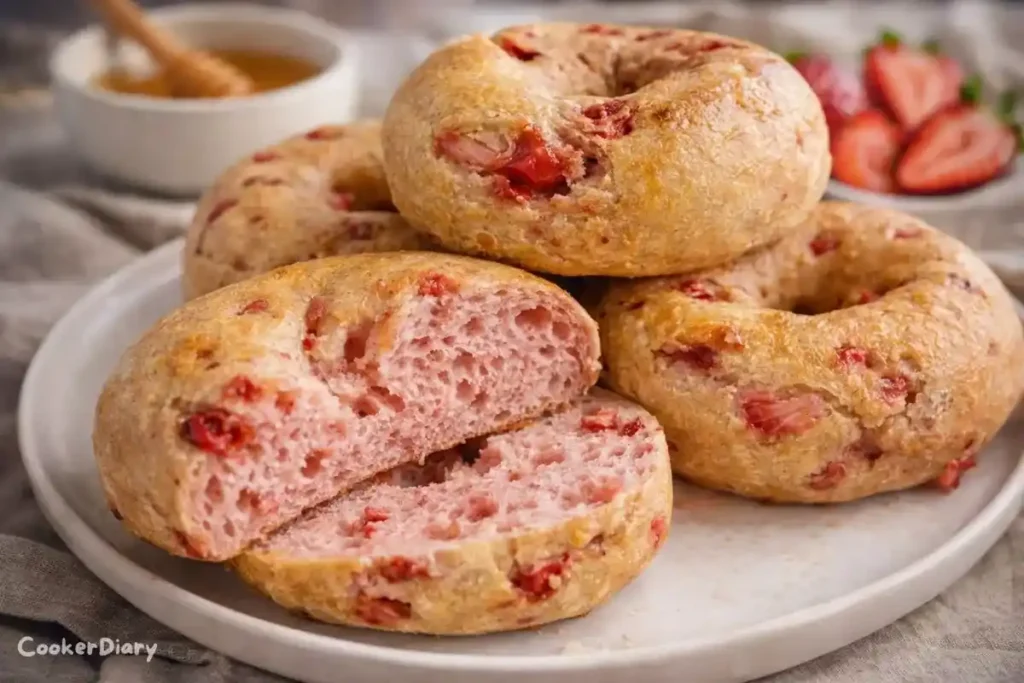 Angled close-up of sliced strawberry bagel showing soft pink crumb.