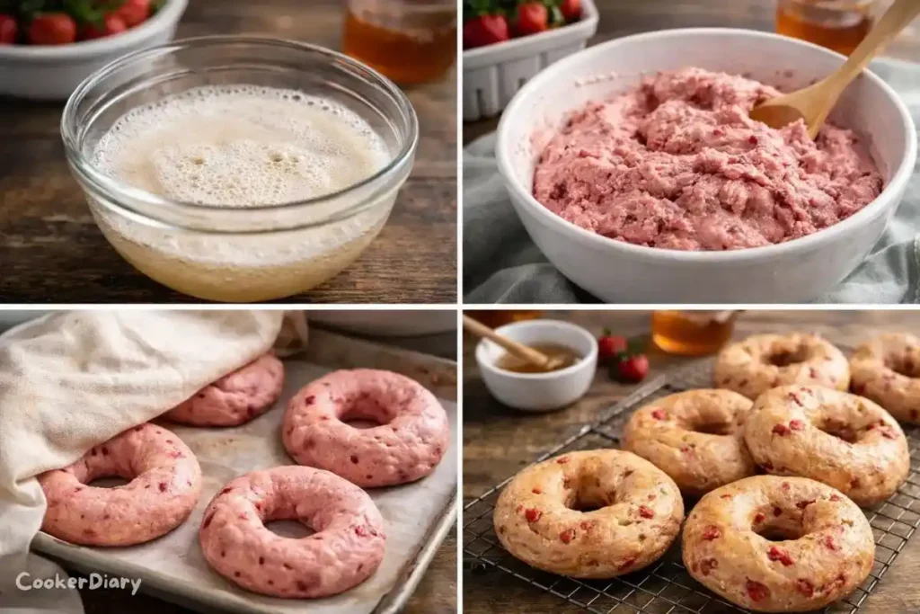 Step-by-step composite showing strawberry bagel preparation.