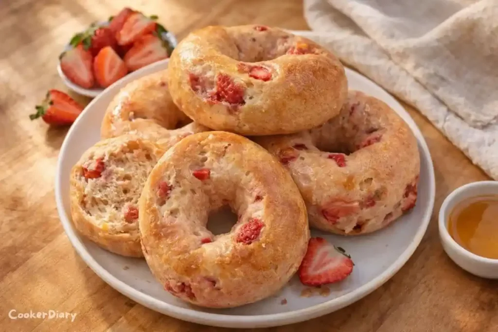 Top-down view of strawberry bagels on a white plate with honey and strawberries.