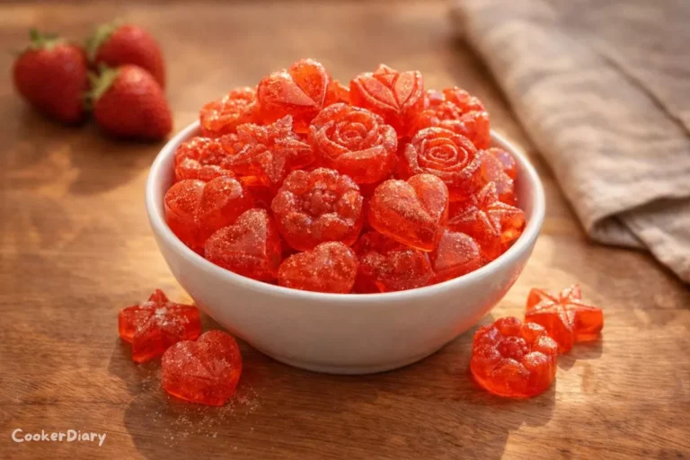 Angled close-up of glossy strawberry candies in decorative shapes