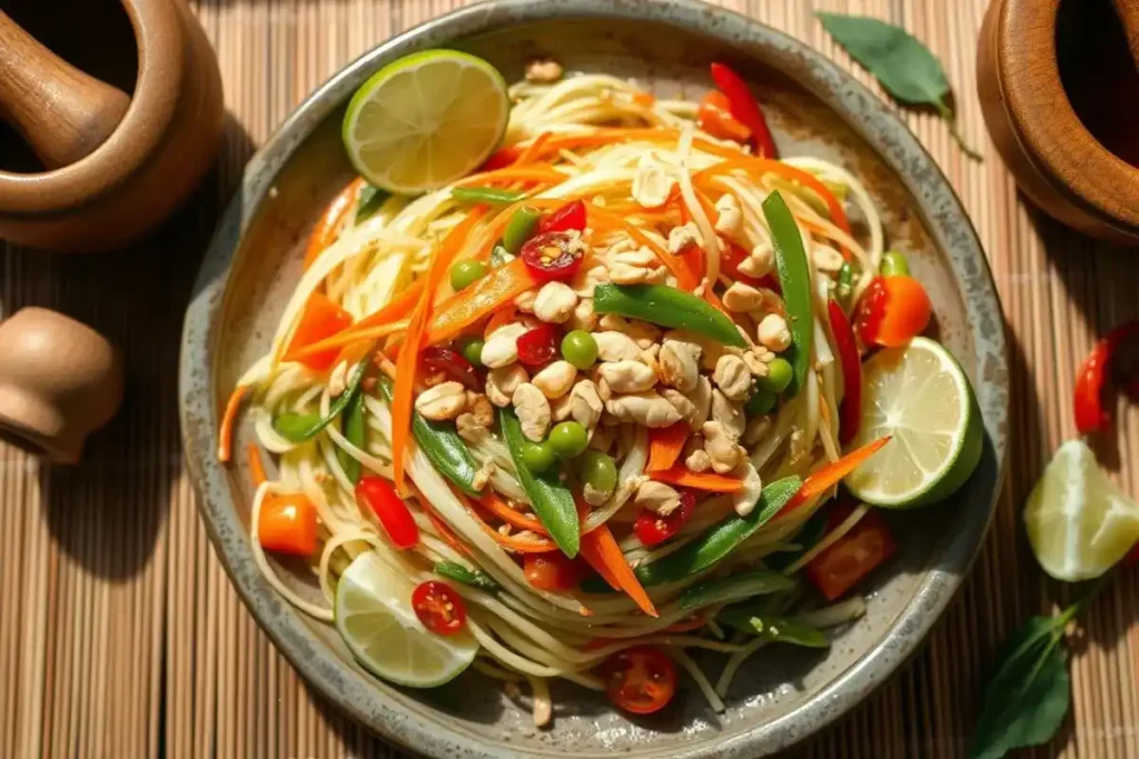 Top-down view of Thai green papaya salad with chili, tomatoes, peanuts, and lime on a rustic plate.
