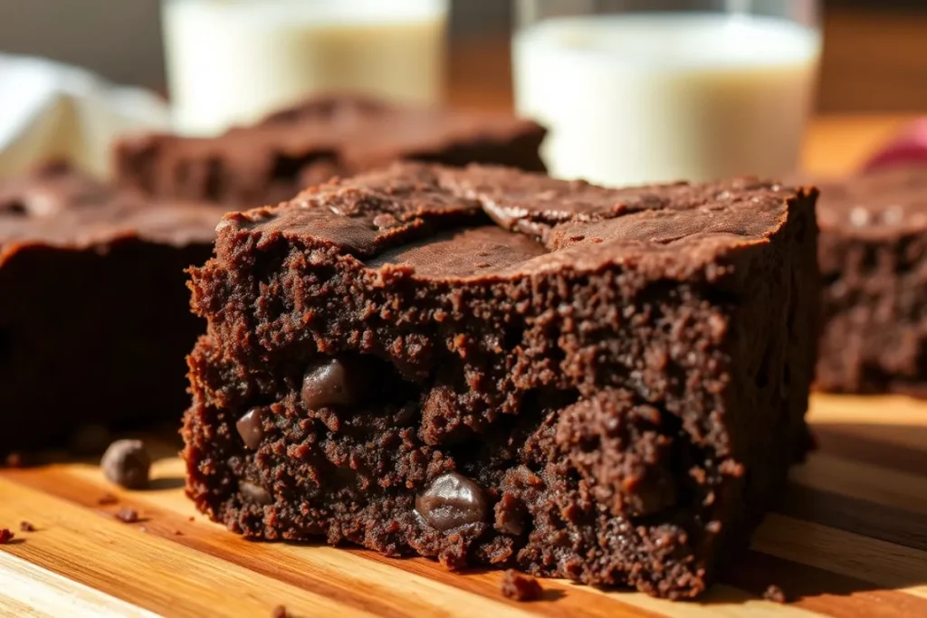 A close-up view of a fudgy, moist 3-ingredient brownie with a cracked top.