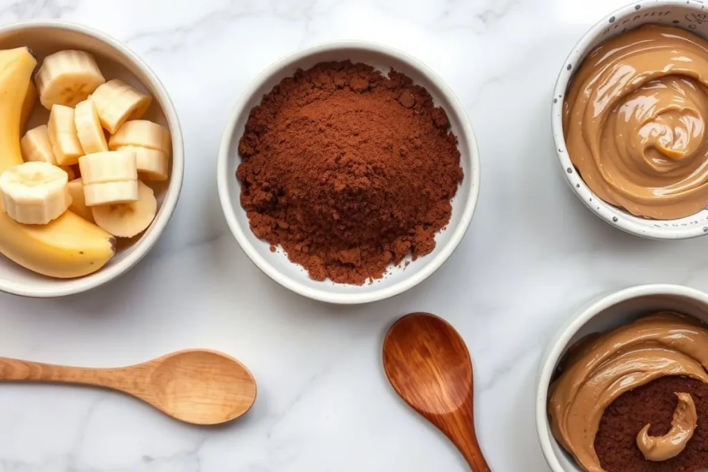 Three simple ingredients—bananas, cocoa powder, and peanut butter—arranged for brownies.