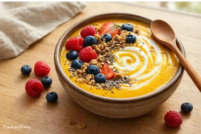 Top-down view of turmeric smoothie bowl with chia seeds, granola, and berries.