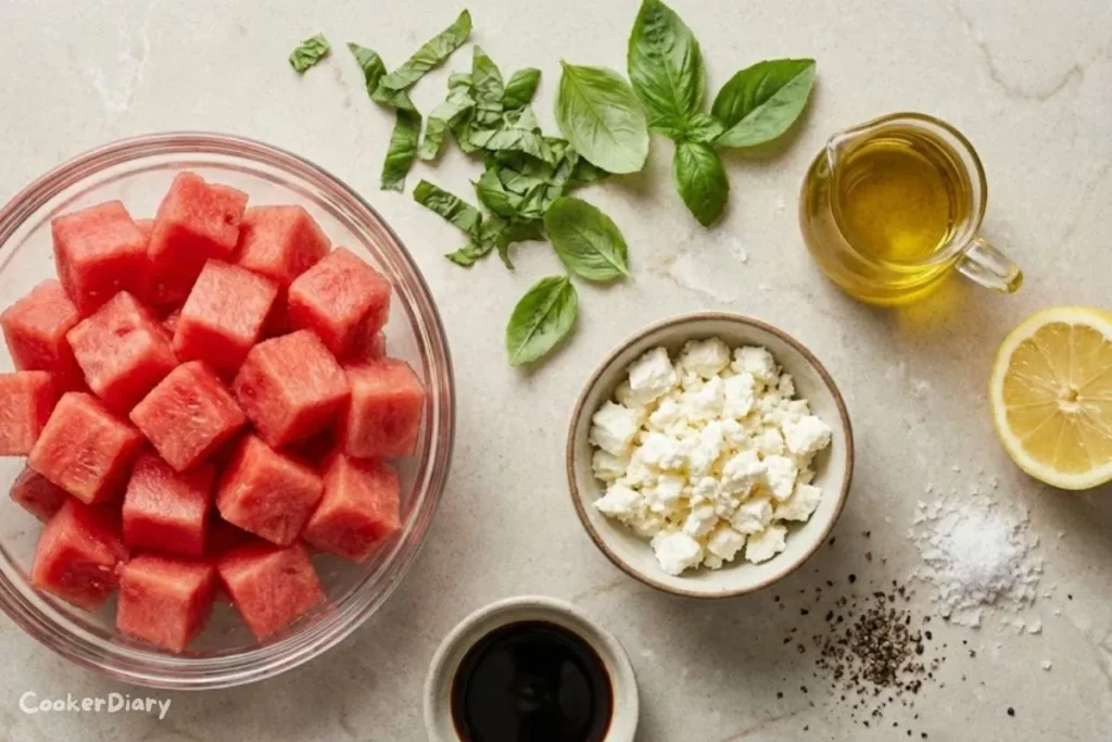 Fresh ingredients for watermelon basil salad laid out on a countertop