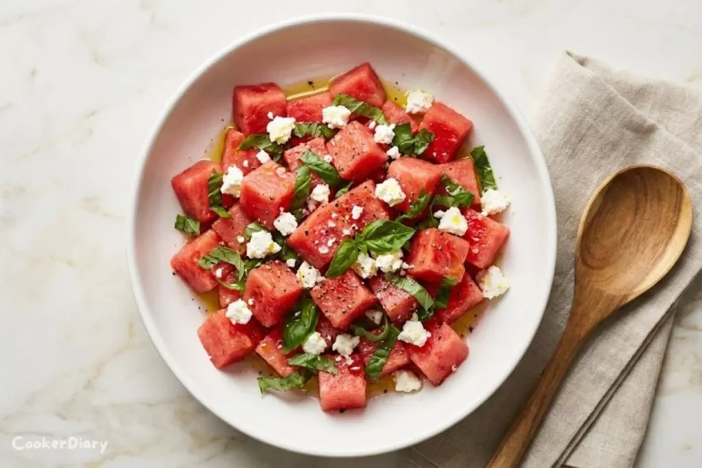 Top-down view of watermelon basil salad with feta cheese in a white bowl