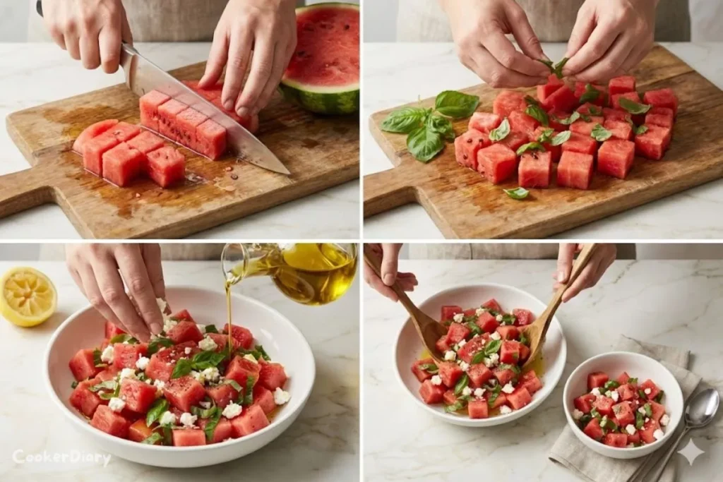 Step-by-step process of making watermelon basil salad with feta
