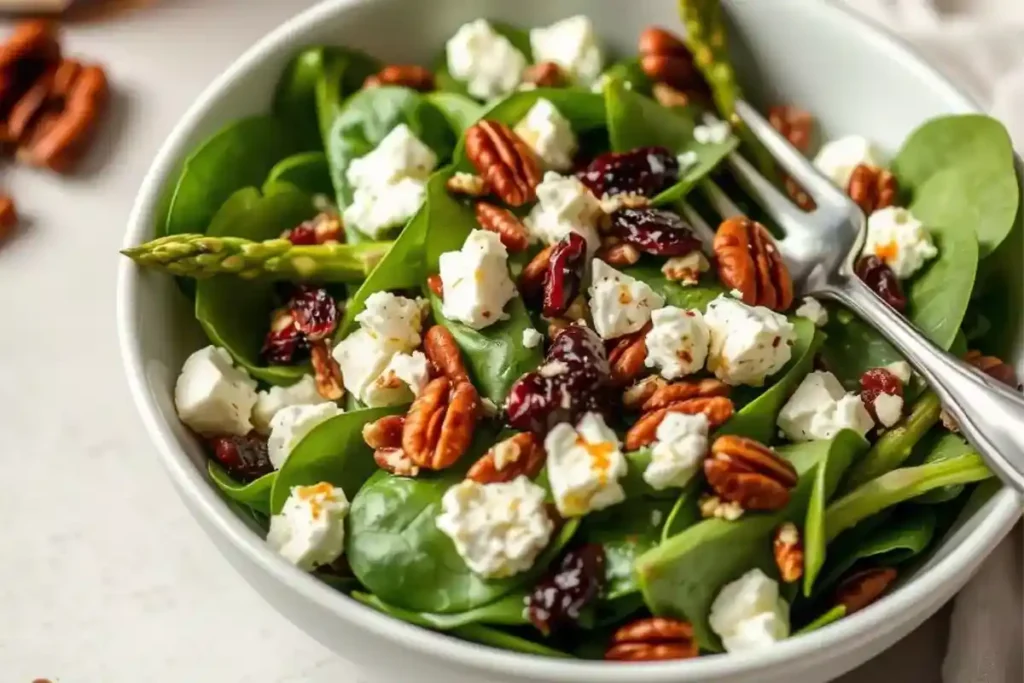 A beautifully arranged salad bowl filled with roasted asparagus spears, crumbled goat cheese, mixed greens, sliced cherry tomatoes, red onion, and toasted walnuts, lightly dressed in vinaigrette and garnished with fresh herbs on a rustic wooden table.