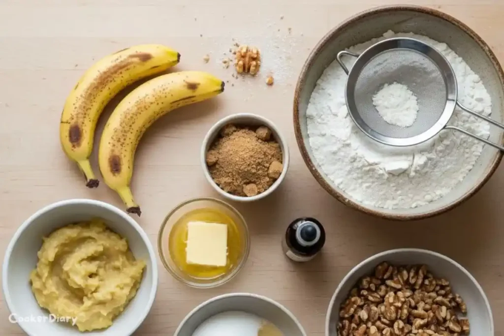 Flat-lay of banana nut bread ingredients including bananas, flour, sugars, eggs, and walnuts.