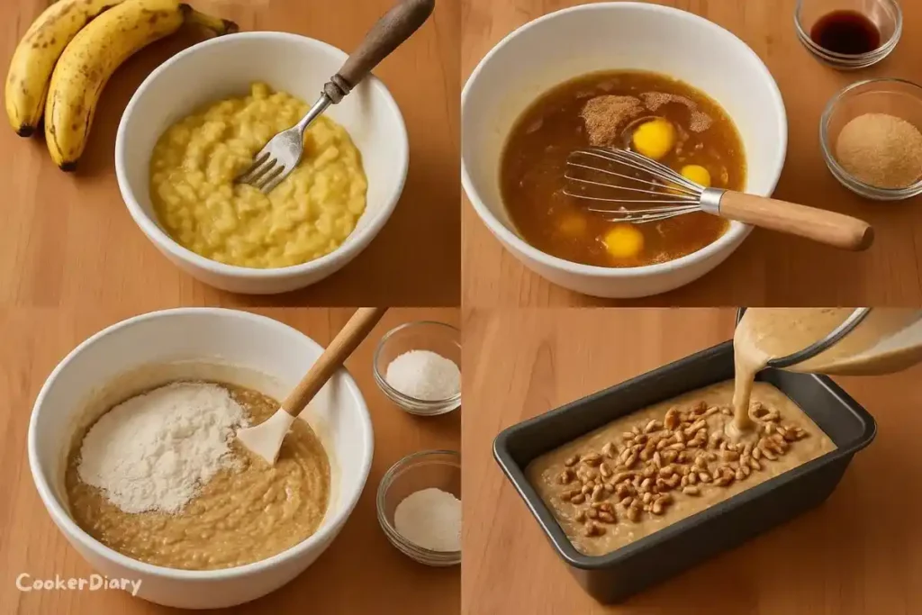 Four-step grid showing mashing bananas, mixing wet ingredients, combining dry ingredients, and preparing loaf pan.