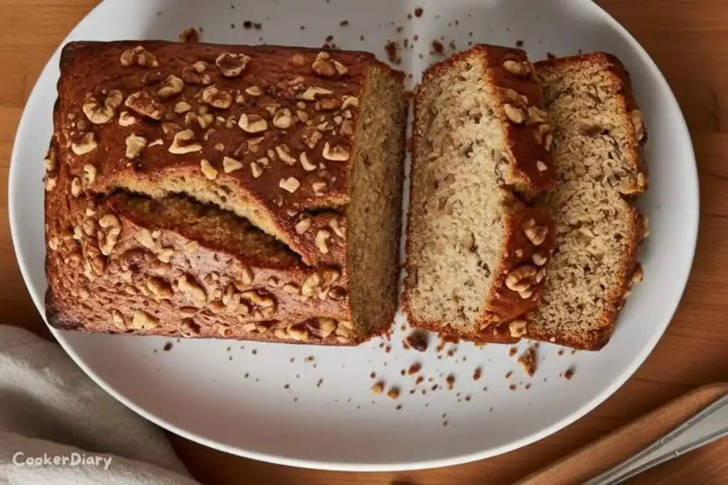 Top-down view of freshly sliced banana nut bread with walnuts on a white platter.