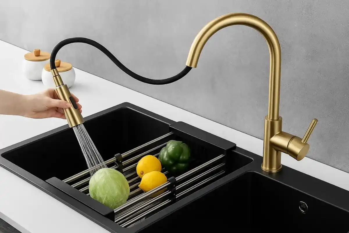 Cook washing fresh vegetables under a stylish brass kitchen faucet.