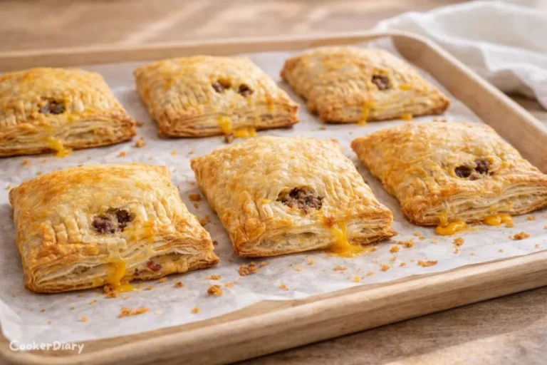 Close-up angled view of breakfast hot pockets showing flaky pastry, melted cheese, and crumbled sausage.