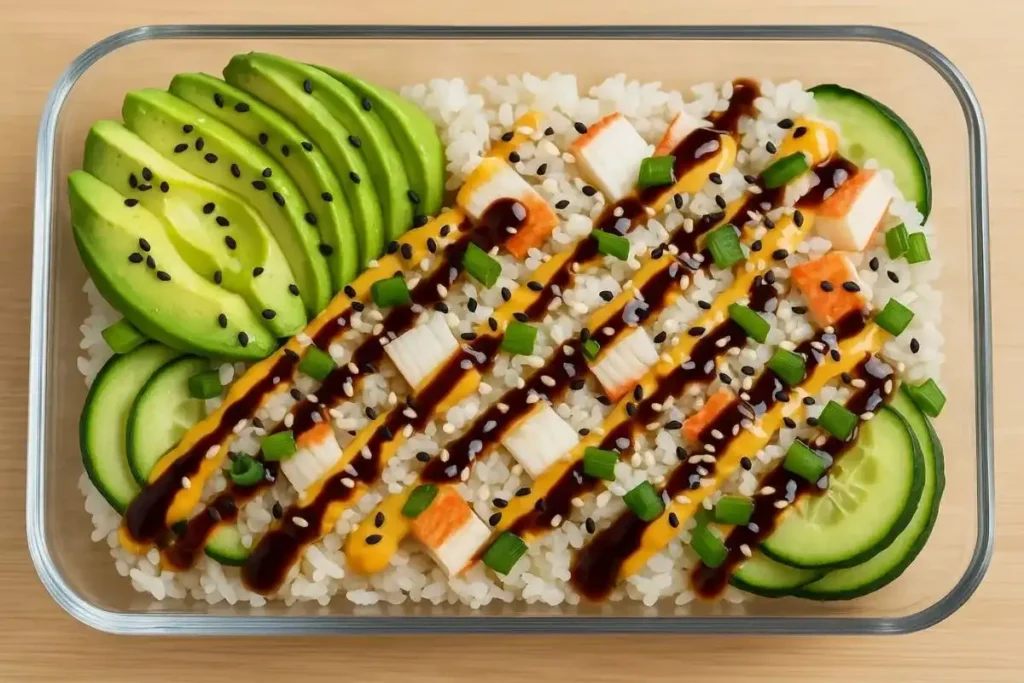 Top-down view of California Roll Cucumber Salad with cucumber, avocado, crab, sesame dressing, and garnishes.