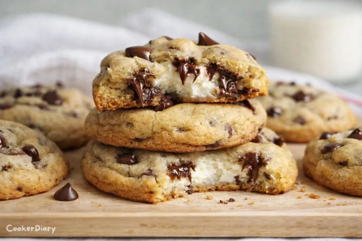 Close-up, angled view of chocolate chip cheesecake cookies, one broken in half showing creamy interior, on a light wooden baking sheet