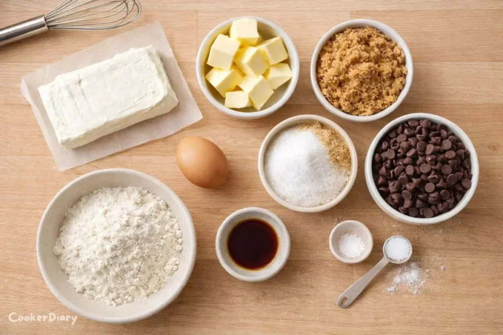 Flat-lay of raw ingredients for chocolate chip cheesecake cookies including cream cheese, butter, sugar, egg, flour, baking powder, salt, vanilla, and chocolate chips.
