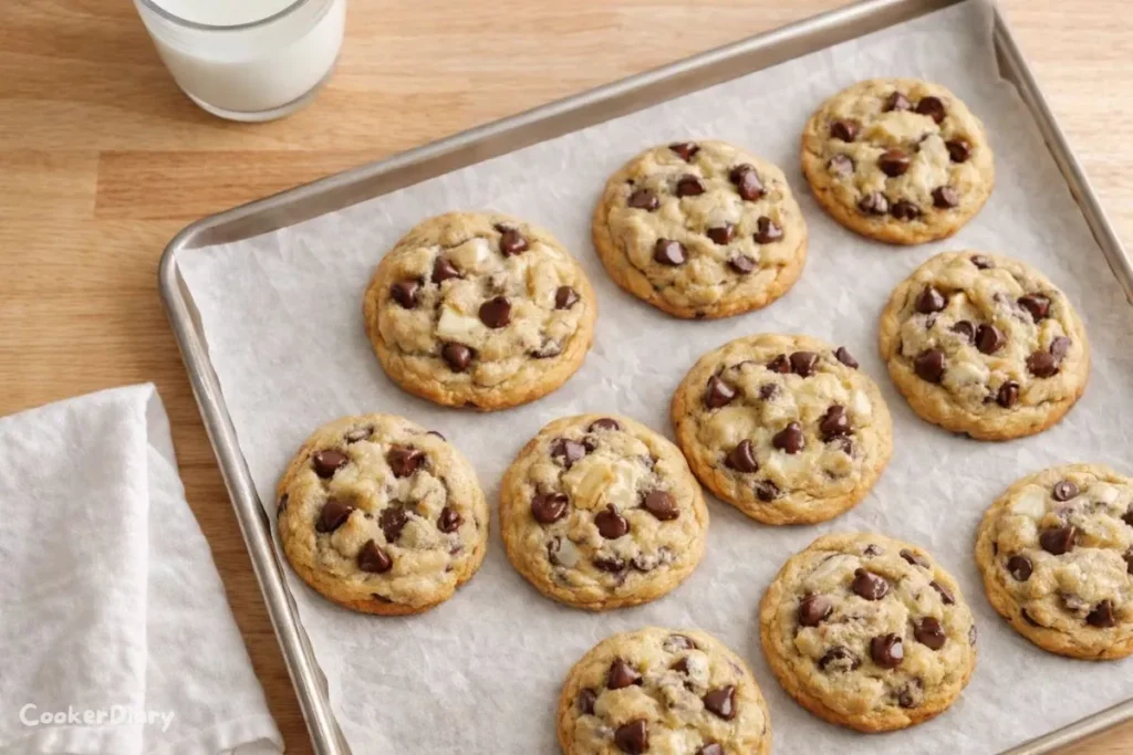 Top-down view of freshly baked chocolate chip cheesecake cookies on a parchment-lined baking sheet with a glass of milk nearby.