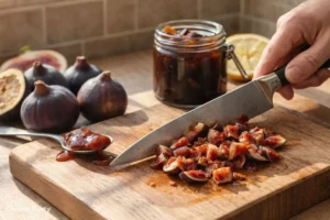 Chopping fresh figs on a wooden cutting board using a stainless steel knife
