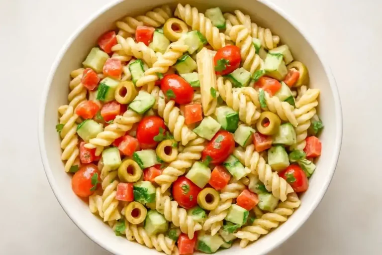 A top-down view of classic pasta salad in a white bowl, with a colorful mix of pasta, vegetables, and fresh herbs.