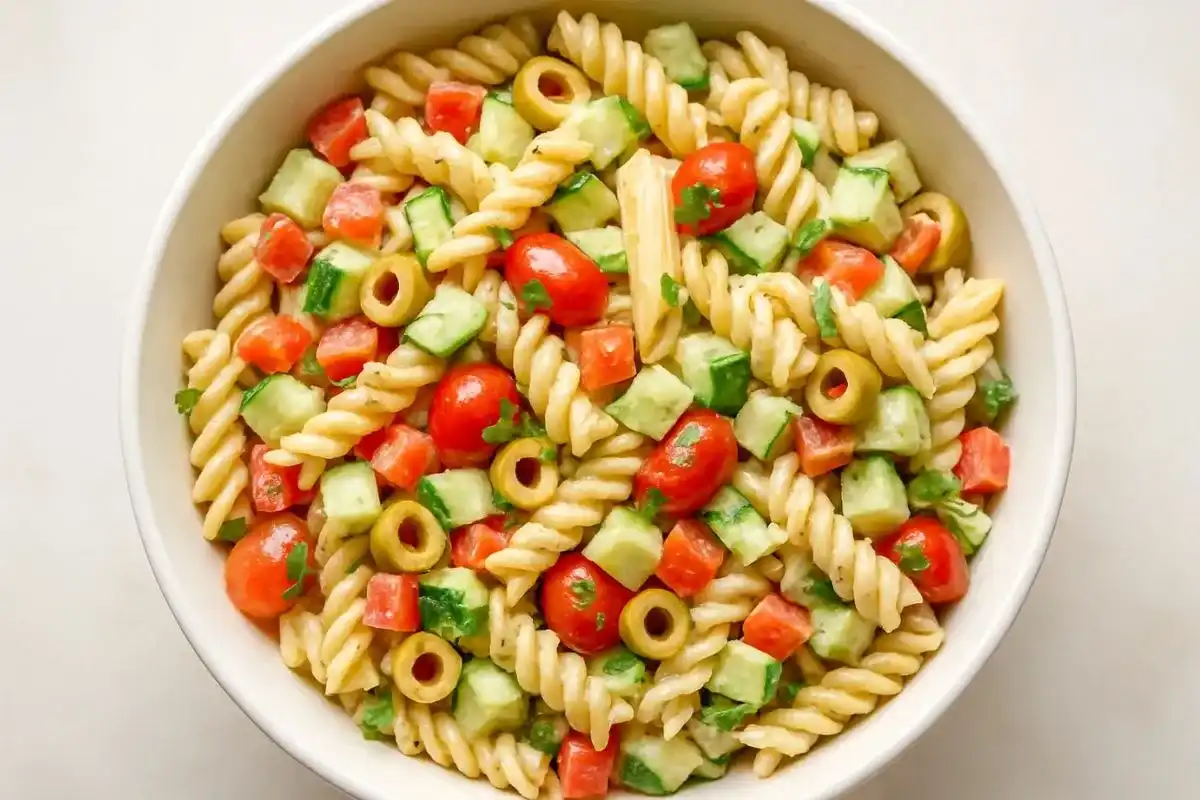 A top-down view of classic pasta salad in a white bowl, with a colorful mix of pasta, vegetables, and fresh herbs.