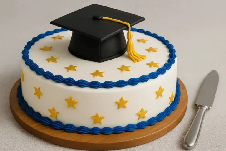 Eye-level close-up of graduation cake showing smooth fondant, blue and gold icing borders, and detailed edible graduation cap on top.