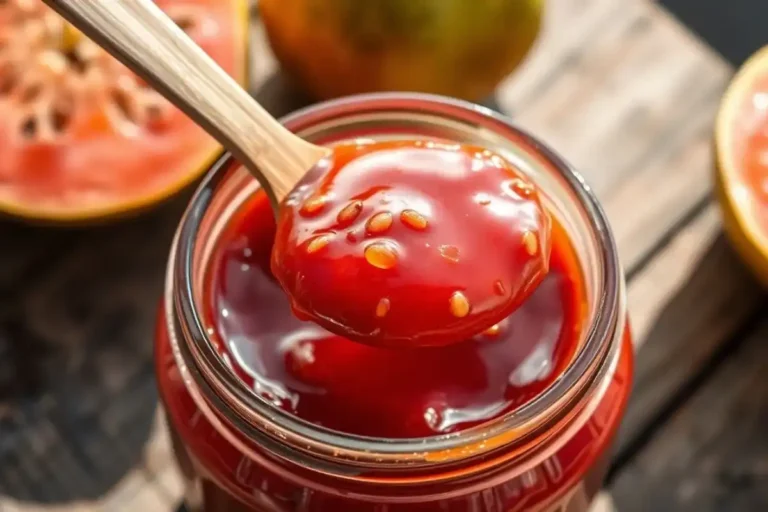 Angled close-up of an open jar of thick, glossy guava jam with a wooden spoon, fresh guavas in the blurred background.