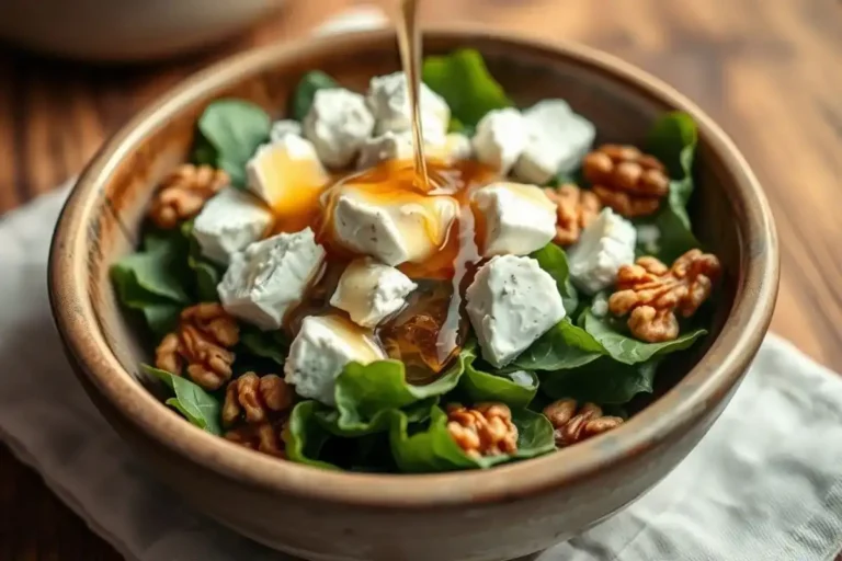 Eye-level close-up of goat cheese salad with honey, walnuts, and mixed greens in a ceramic bowl on wooden surface.