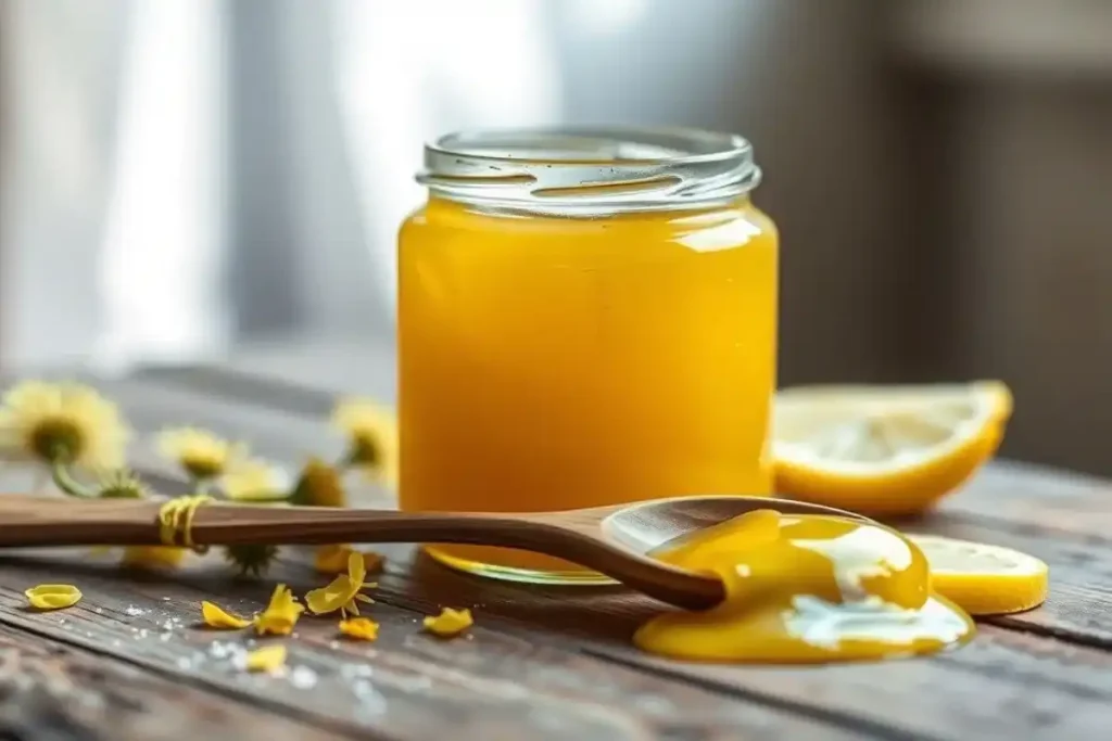 Side angle of a jar of dandelion jelly with lemon, showing its smooth texture and fresh ingredients.