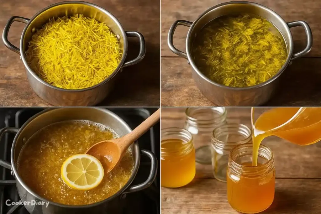 Step-by-step process of making dandelion jelly from petals to jar.