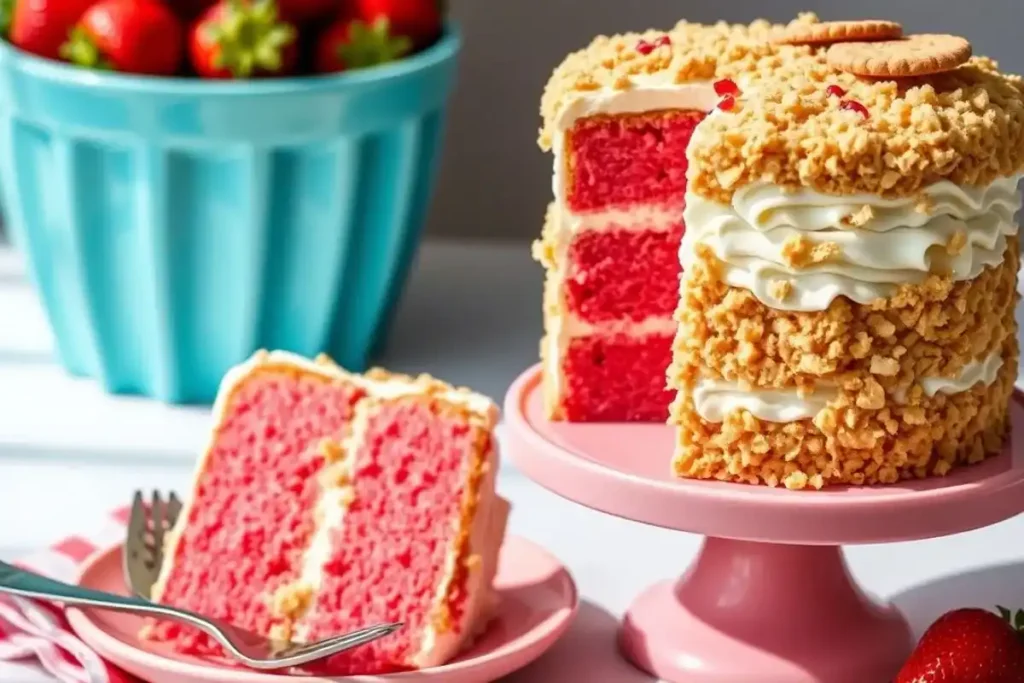 Top-down view of a strawberry crunch cake with fresh strawberries, frosting, and crunchy topping.