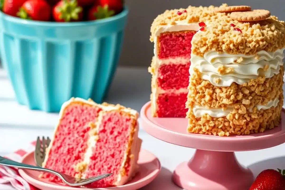 Top-down view of a strawberry crunch cake with fresh strawberries, frosting, and crunchy topping.