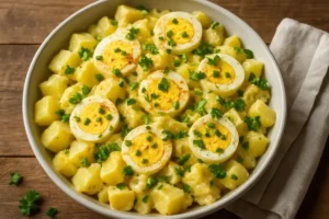 Top-down view of devilled egg potato salad with sliced eggs, potatoes, paprika, and herbs in a white bowl.