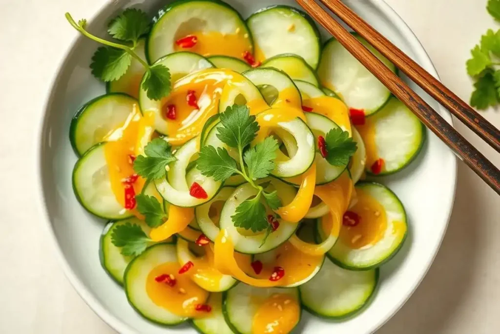 Top-down view of a fresh Homemade Din Tai Fung Cucumber Salad with cilantro, sesame seeds, and chili flakes.