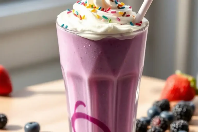Angled close-up of a purple Grimace Shake with whipped cream and colorful sprinkles.