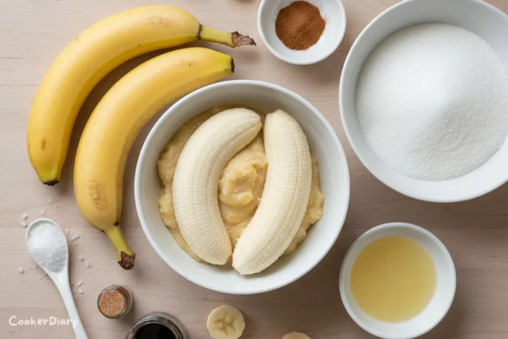 Flat-lay of raw ingredients for easy banana jam on a wooden counter.