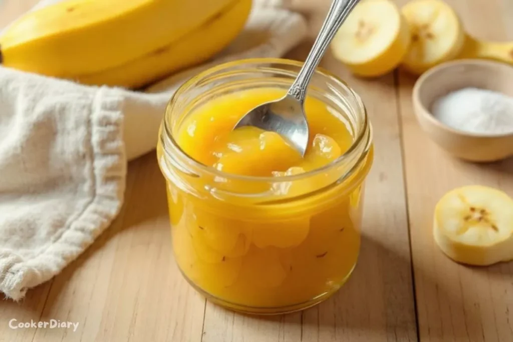 Angled close-up of banana jam jar with spoon showing thick, glossy texture.