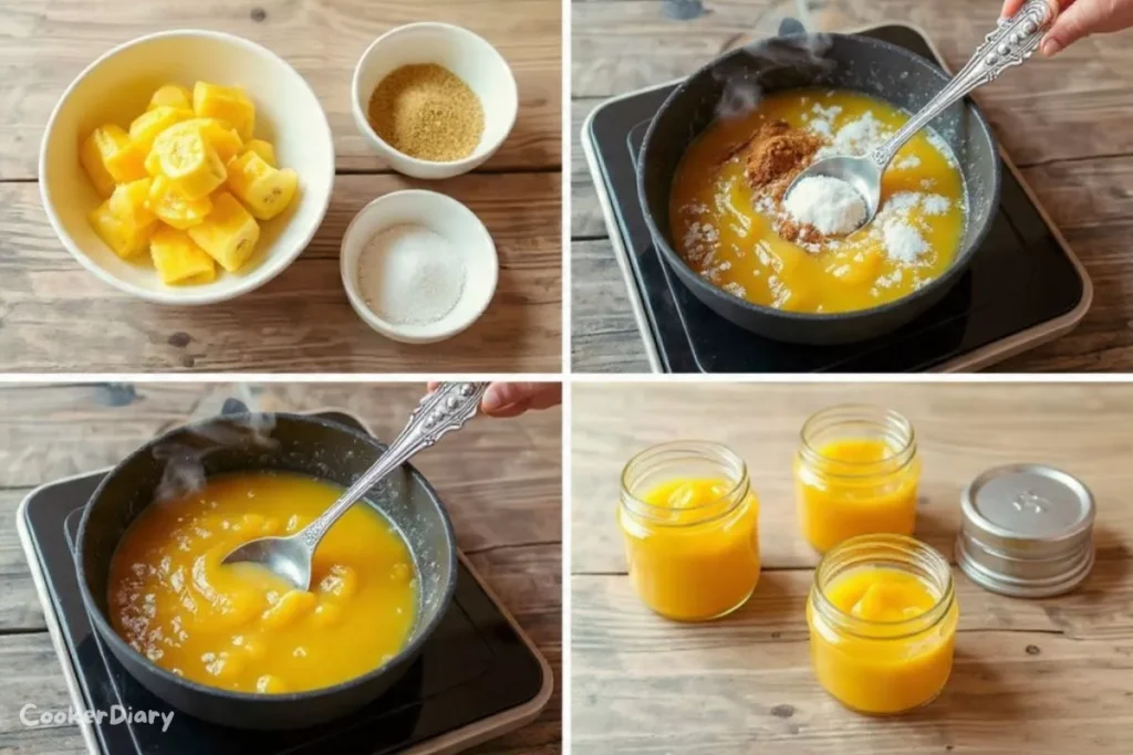 Four-step composite showing how to make easy jam from mashing to jar filling.
