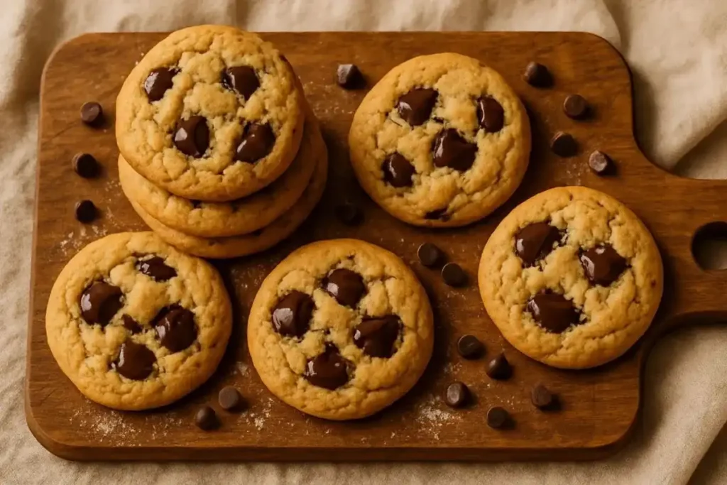 Top-down view of freshly baked eggless chocolate chip cookies on a rustic wooden board.