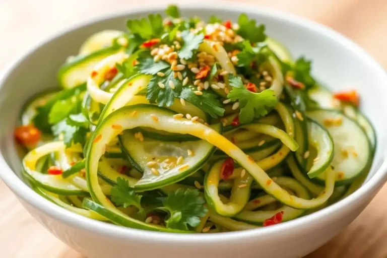 Angled view of a fresh cucumber salad with a glossy dressing and garnishes.