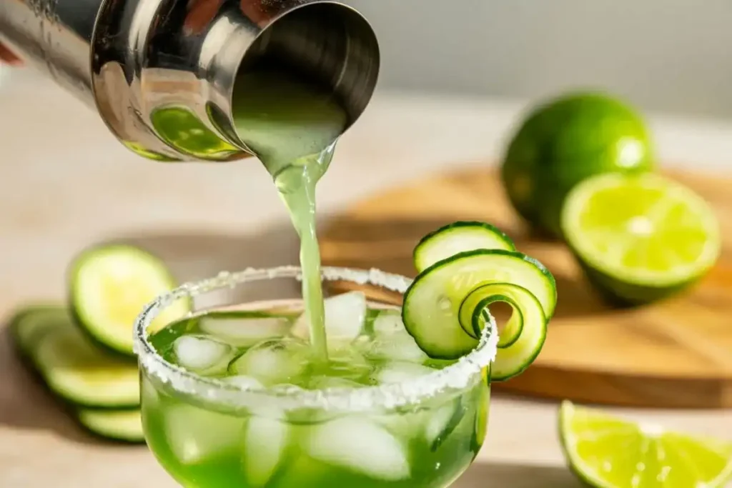Side angle of cucumber margarita recipe being poured into a glass with ice, salt rim, and garnishes.