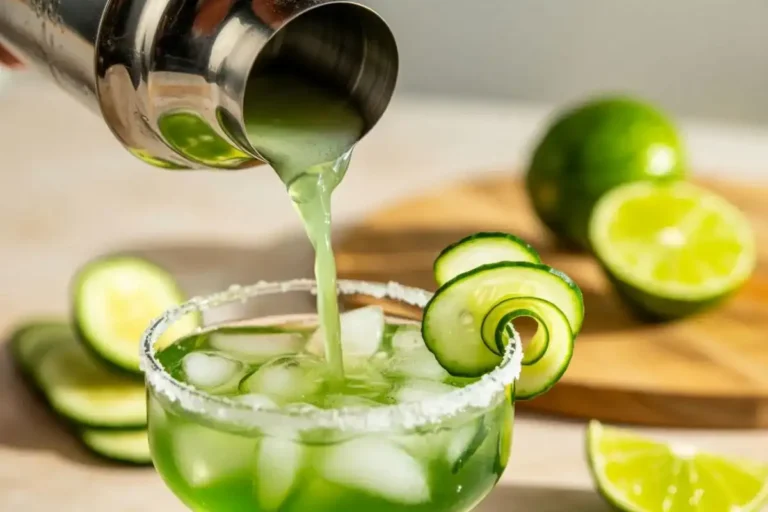 Side angle of cucumber margarita recipe being poured into a glass with ice, salt rim, and garnishes.