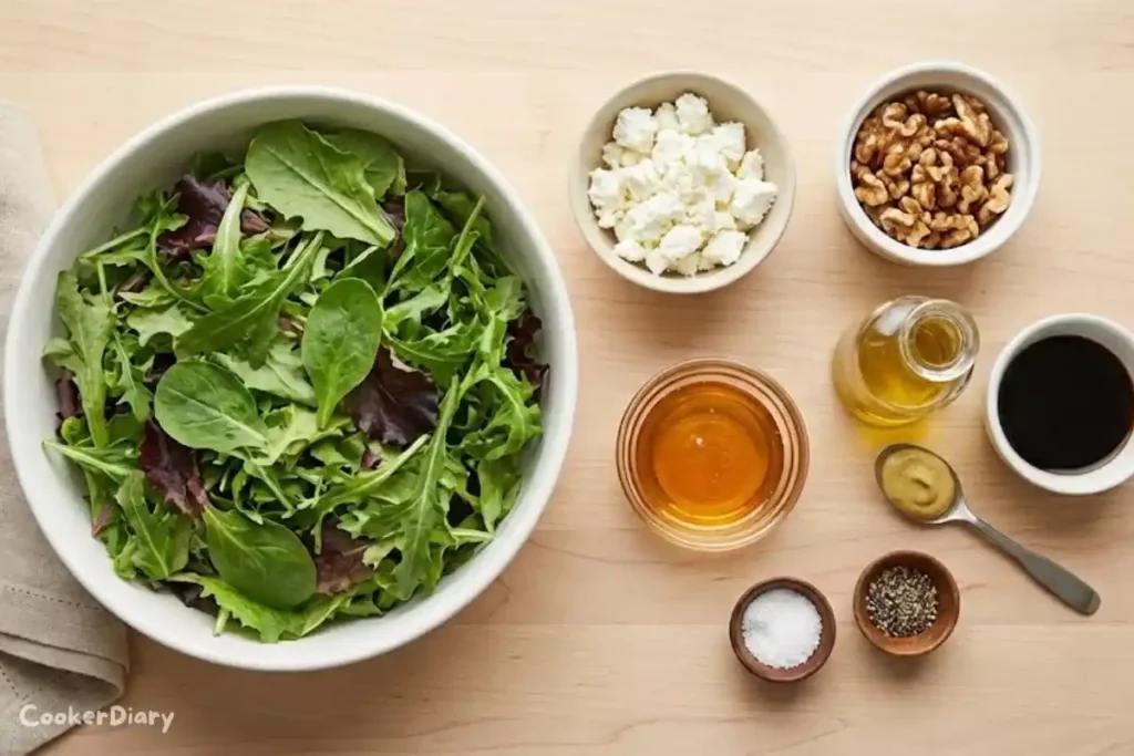 Flat-lay of salad ingredients: greens, goat cheese, walnuts, honey, and dressing components.