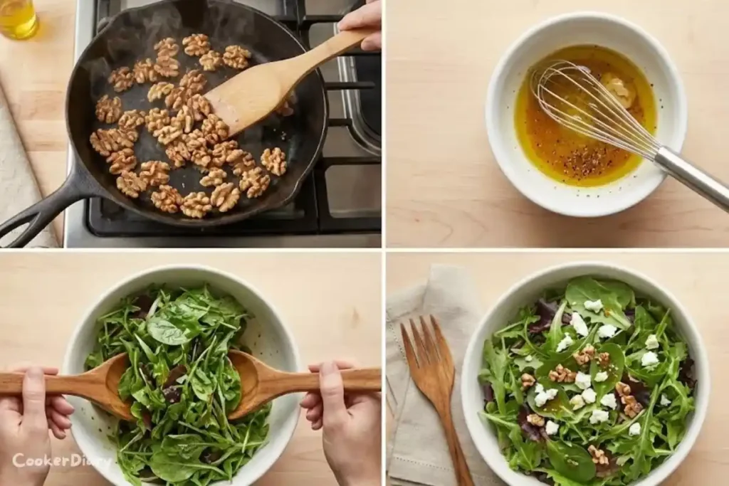 Four-step visual guide for making the recipe, from toasting walnuts to assembling.